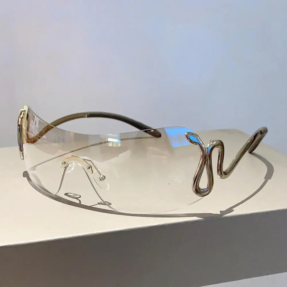 KLASSNUM Women Y2k Rimless Sunglasses Snake Metal Legs Eyewear Stylish Monoblock Gradient Outdoor Shades Trendy Brand Goggles