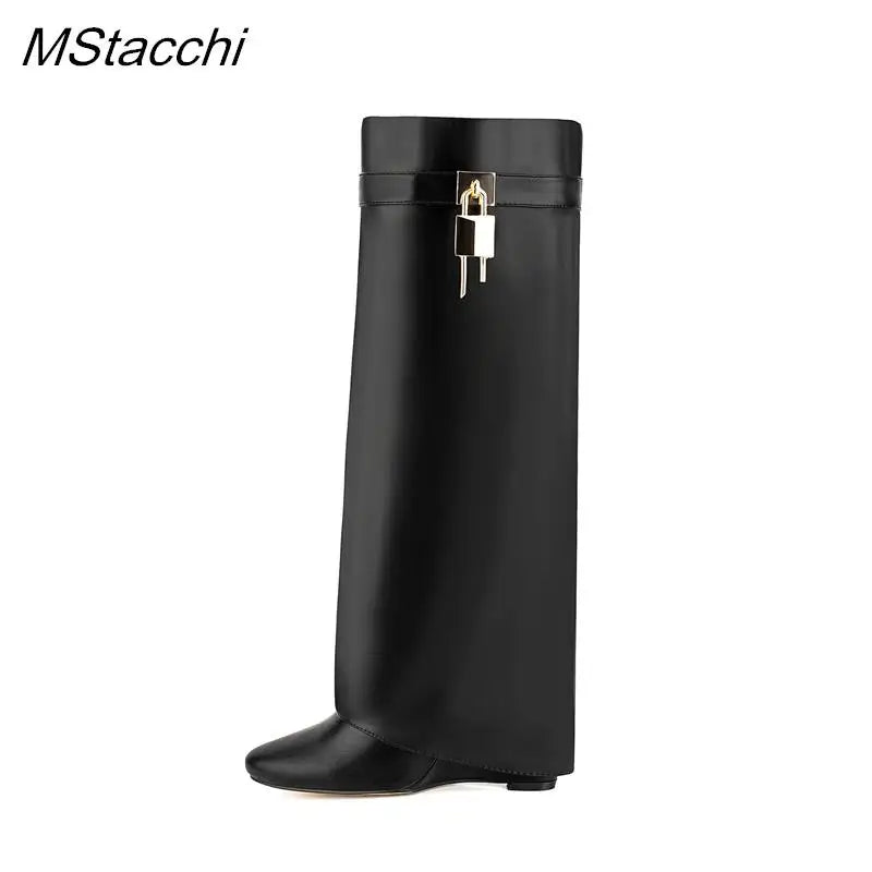 Lock Metal Buckle Women Knee High Boots Wedges Shoes For Woman Punk Style Round Toe Zipper Cowboy Boots Trend 2025 Female Shoes