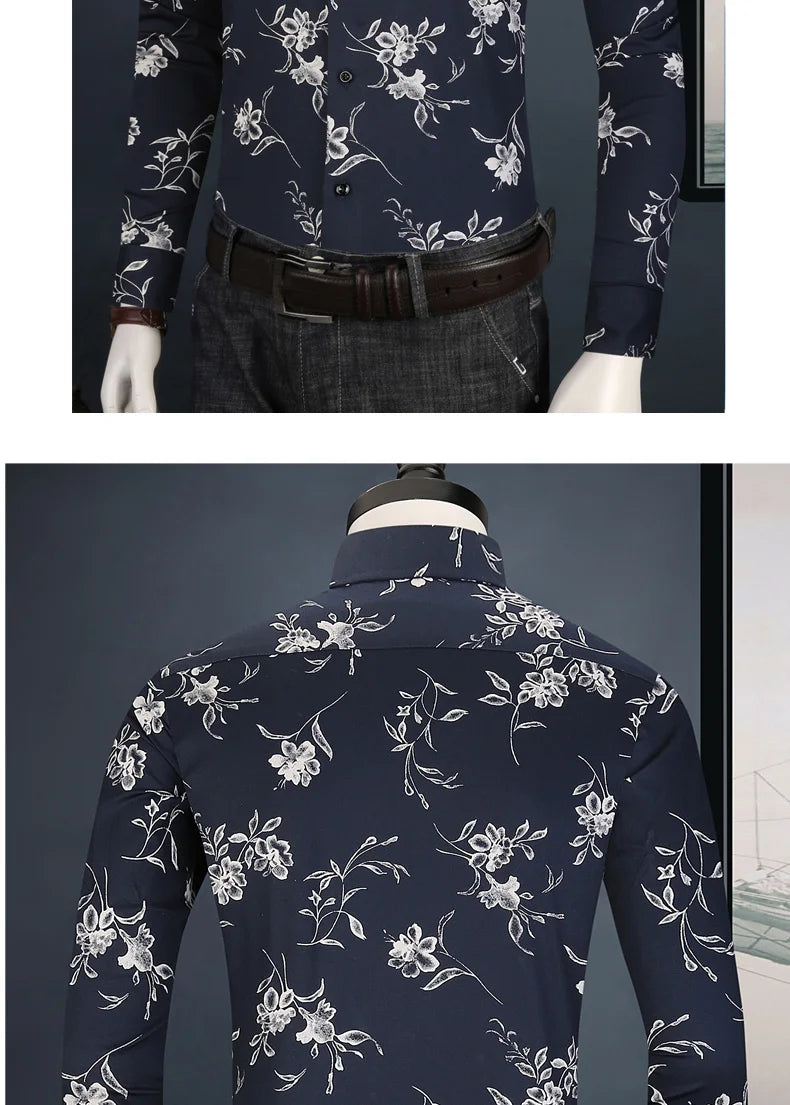 Men Long Sleeve Floral Print Shirt Brand Casual Fashion Button Up Printed Flower Shirts Dress Men Slim Fit Thin Clothing