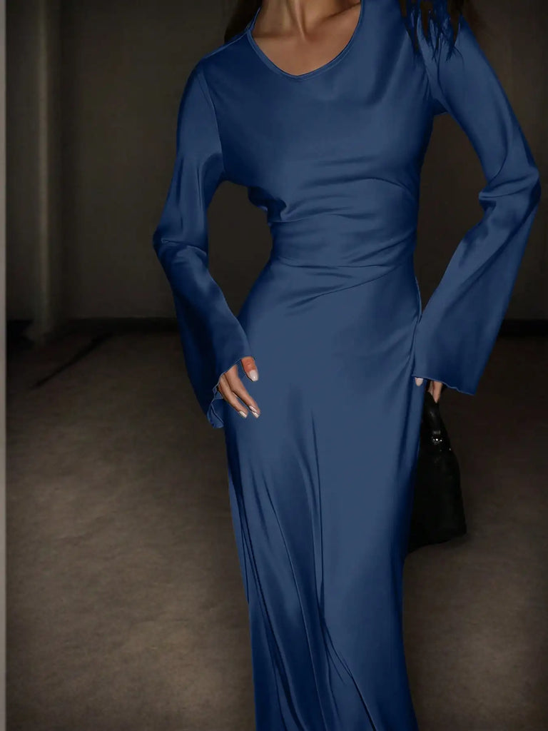 Women’s Bespoke Satin Maxi Dress – Corset Waist Tie, Round Neck & Flared Sleeves | Luxury Evening Gown 2026