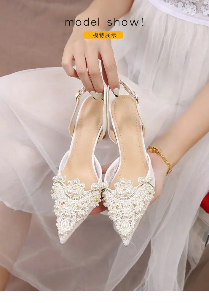2025 White Wedding Shoes Bridesmaid Shoes Women's Lace Shoes Fashion High Heels Pearl Pumps