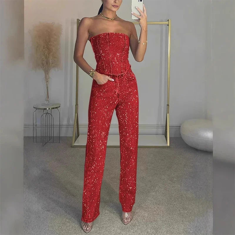 Sexy Women's Sparkling Rhinestone Denim Set Corset Shaping Crop Top Matching Slim Fit Jeans Party Clubwear Cowgirl Style 2pcs
