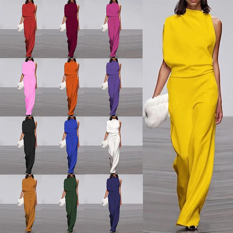 Solid Color Irregular Sleeveless Jumpsuits Women Fashion Temperament Sexy Backless Folds Slightly Flared Jumpsuit Female 2025