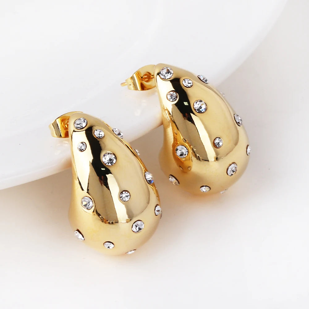 Waterproof 18K PVD Gold Teardrop Stud Earrings — Stainless Steel Inlay Bead Elegant Drop Earrings for Women