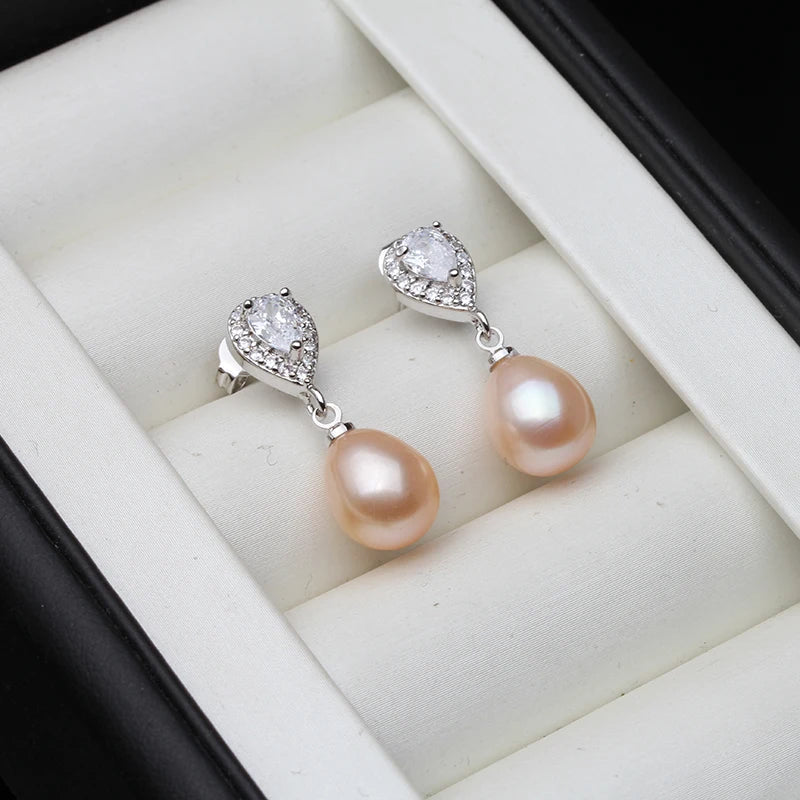 Real Freshwater Pearl Earring 925 Silver,Wedding Natural Pearl Earring Drop Women Daughter Birthday Gift White Pink