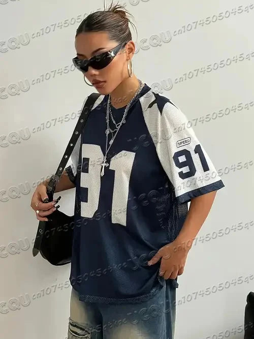Oversized T-shirt For Women V-Neck Short Sleeve Summer Patchwork Speed 91 Printed Streetwear Tops Casual Football Jersey Y2k Tee