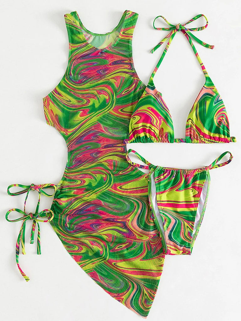 Women’s 3‑Piece Leopard Halter Bikini Set — Sexy Backless Bandage Swimsuit with Beach Cover‑Up (2026 Swimwear)