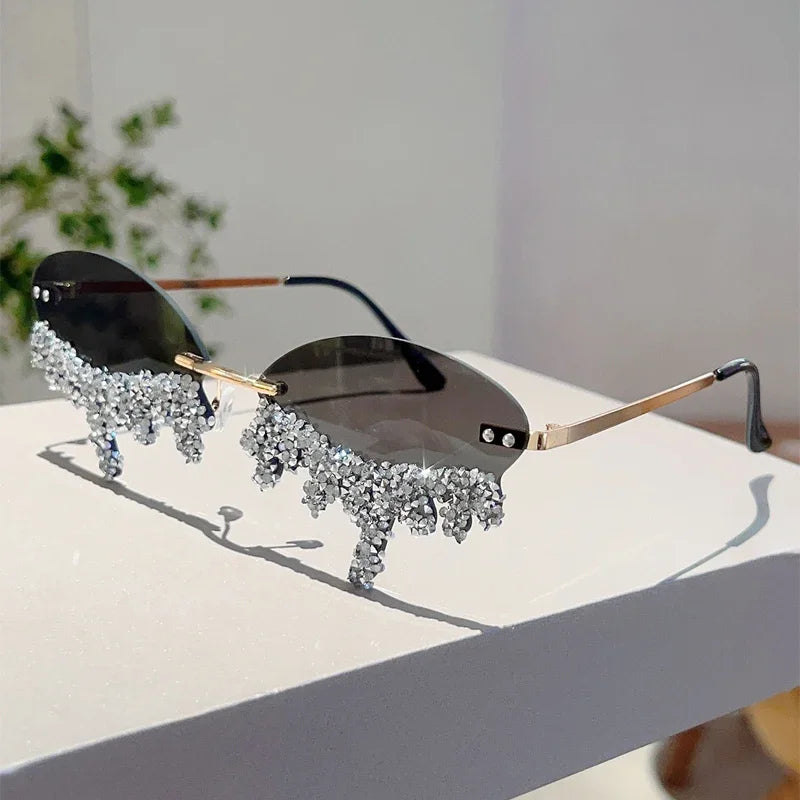KAMMPT Rimless Tear Shaped Sunglasses with Rhinestones Women Fashion Decorative Shades Trendy Stylish Design Rave Sun Glasses