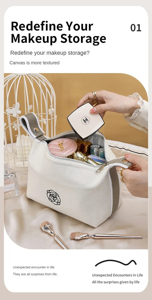 Premium Handheld Camellia Canvas Makeup Bag – Large‑Capacity Travel Toiletry & Skincare Organizer
