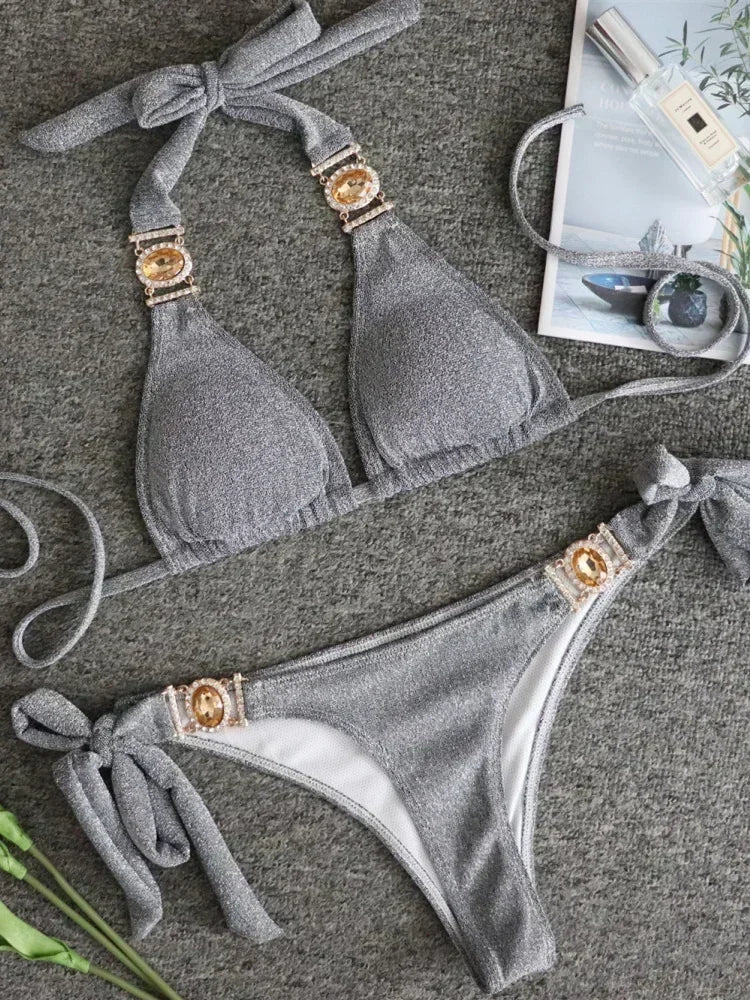 Women’s 2026 Rhinestone Diamond Bikini – Halter Chain Two‑Piece Swimsuit, Sexy Shiny Brazilian Swimwear