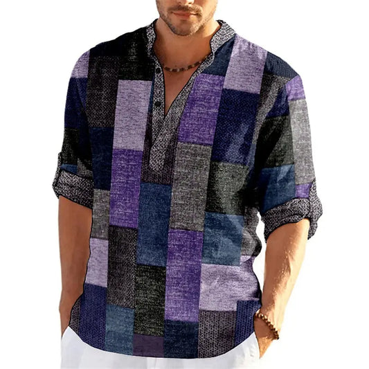 Patchwork 3D Print Color Block Henley Shirts Men's Fashion Vintage Stand Collar Long Sleeve Shirt Male Tops Blouse Man Clothing