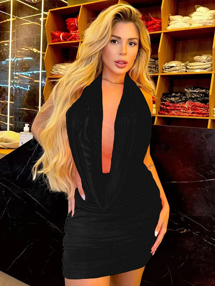 Women’s Mesh Pleated 2‑Piece Set – Halter Backless Top + Shirred Mini Skirt | Summer Chic Co‑ord Outfit