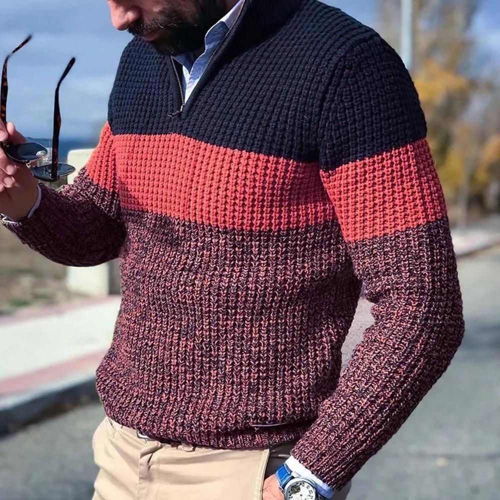 Color‑Block Semi‑Zipper Sweater