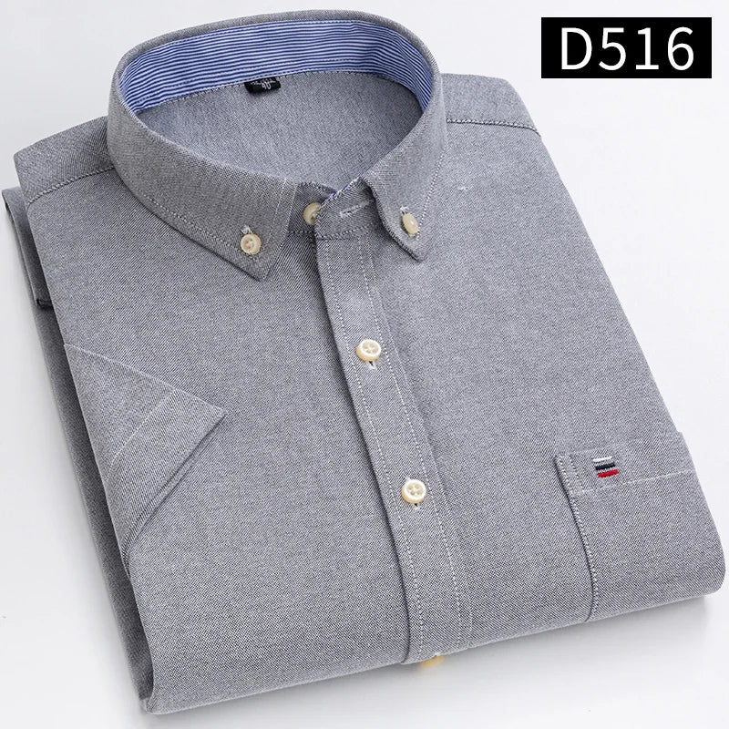 Men’s 100% Cotton Oxford Short‑Sleeve Shirt – Breathable Summer Plaid/Striped Business Casual (Regular/Oversized Fit)