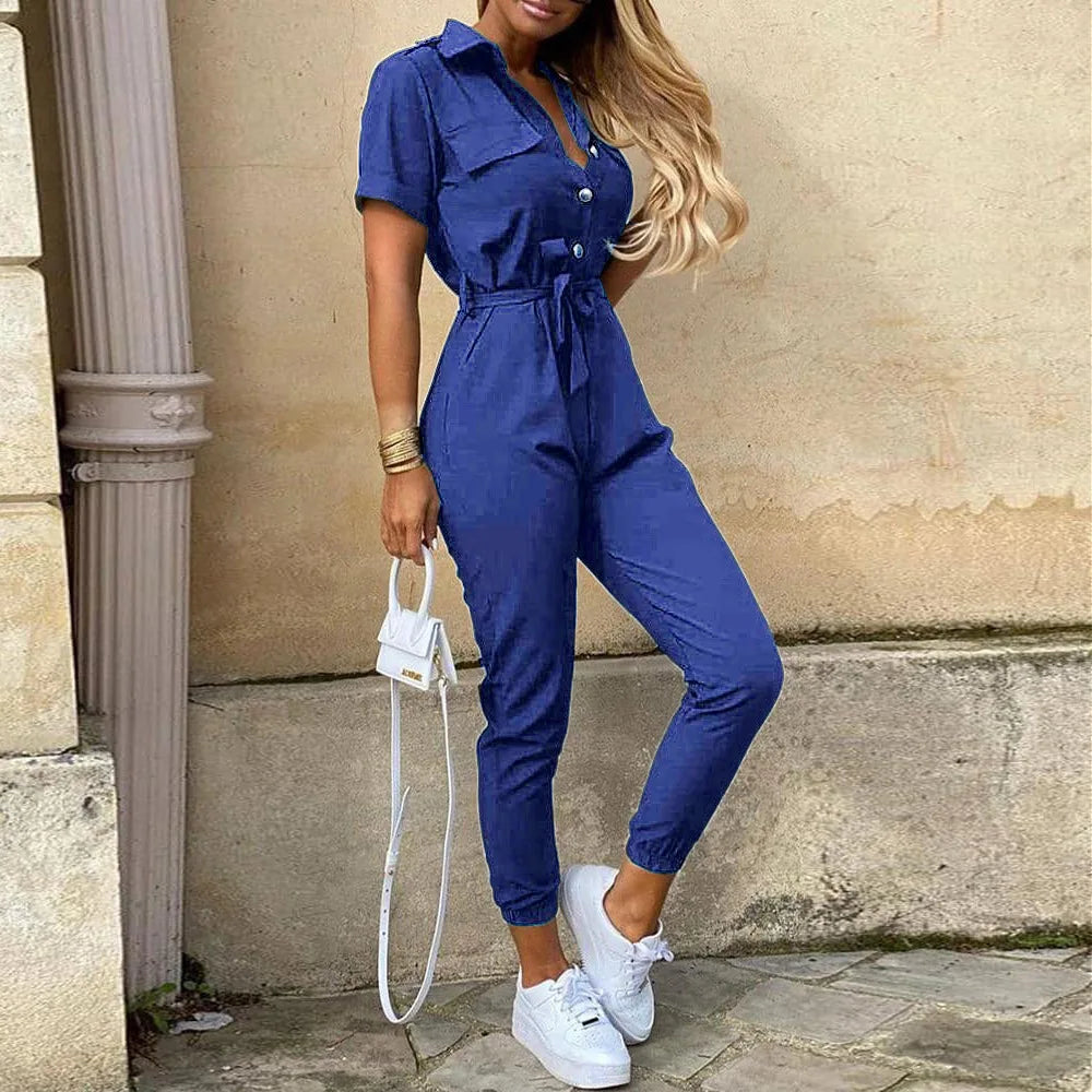 Women's Monochrome Jumpsuit 2024 Spring/Summer Comfortable Casual Flip Collar Printed Belt Work Dress Women's Jumpsuit