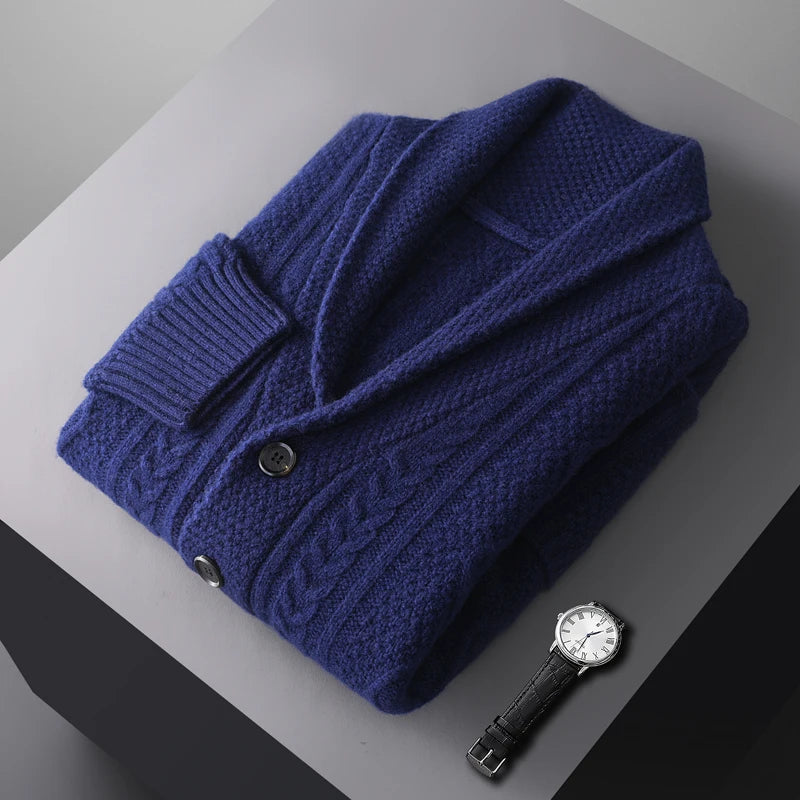 Autumn Winter Men 100% Merino Wool knitted Cashmere Sweater Thick Jacquard Coat Turn-Down Collar Cardigan Smart Casual Chic Tops