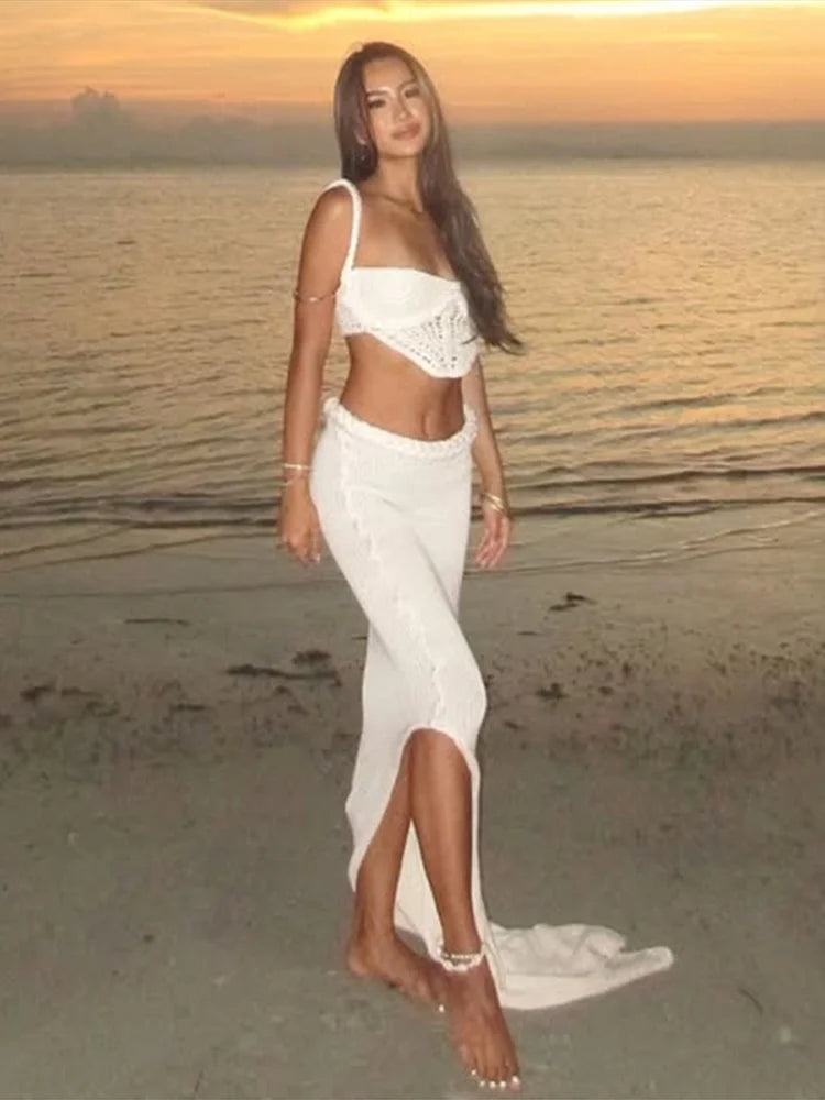Women’s Crochet Halter Bikini Top & Fishtail Skirt Set – Hollow‑Out Backless Beachwear Outfit