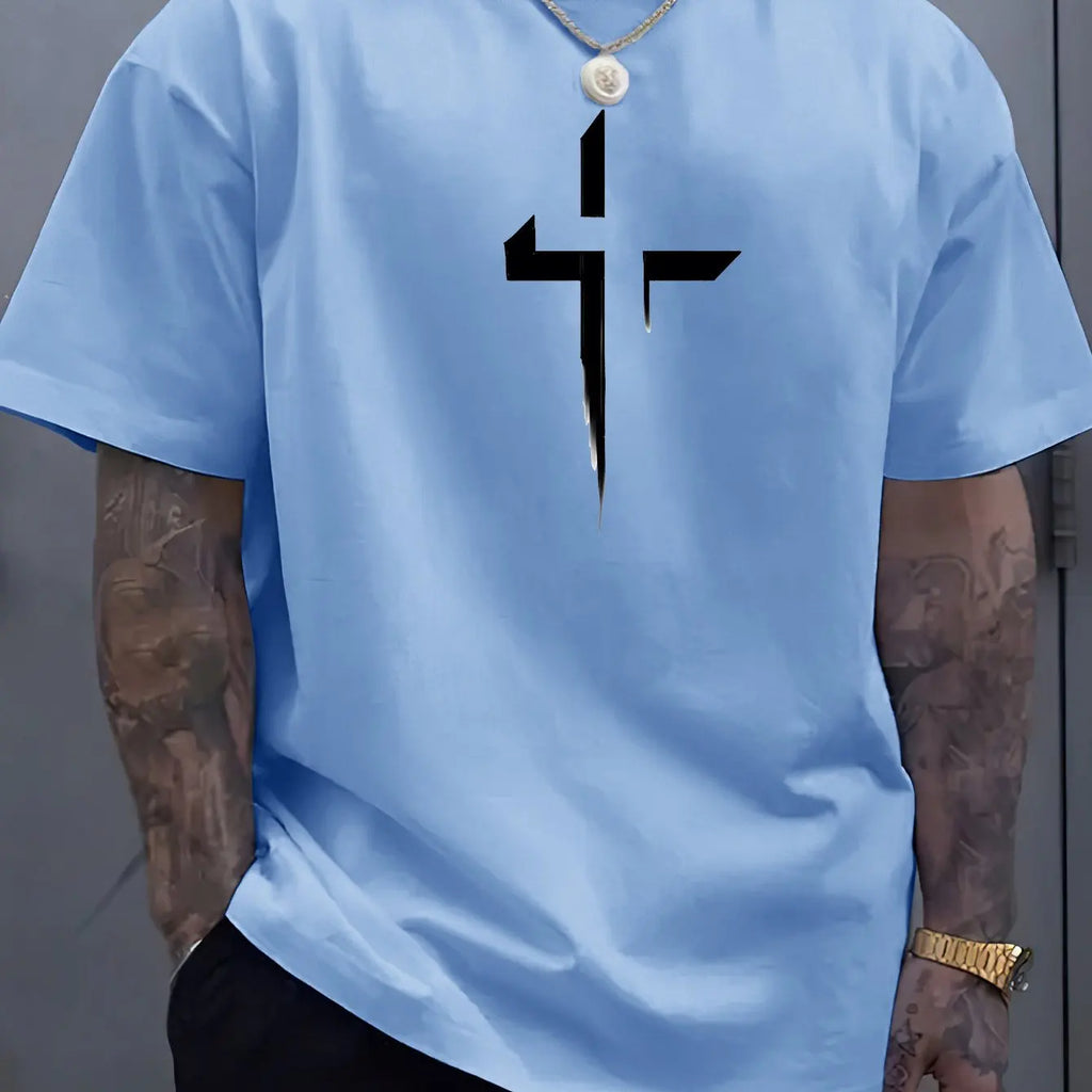Men’s 100% Cotton Cross‑Print T‑Shirt – Loose Plus‑Size Summer Sports Tee | Comfortable Round‑Neck Casual Top
