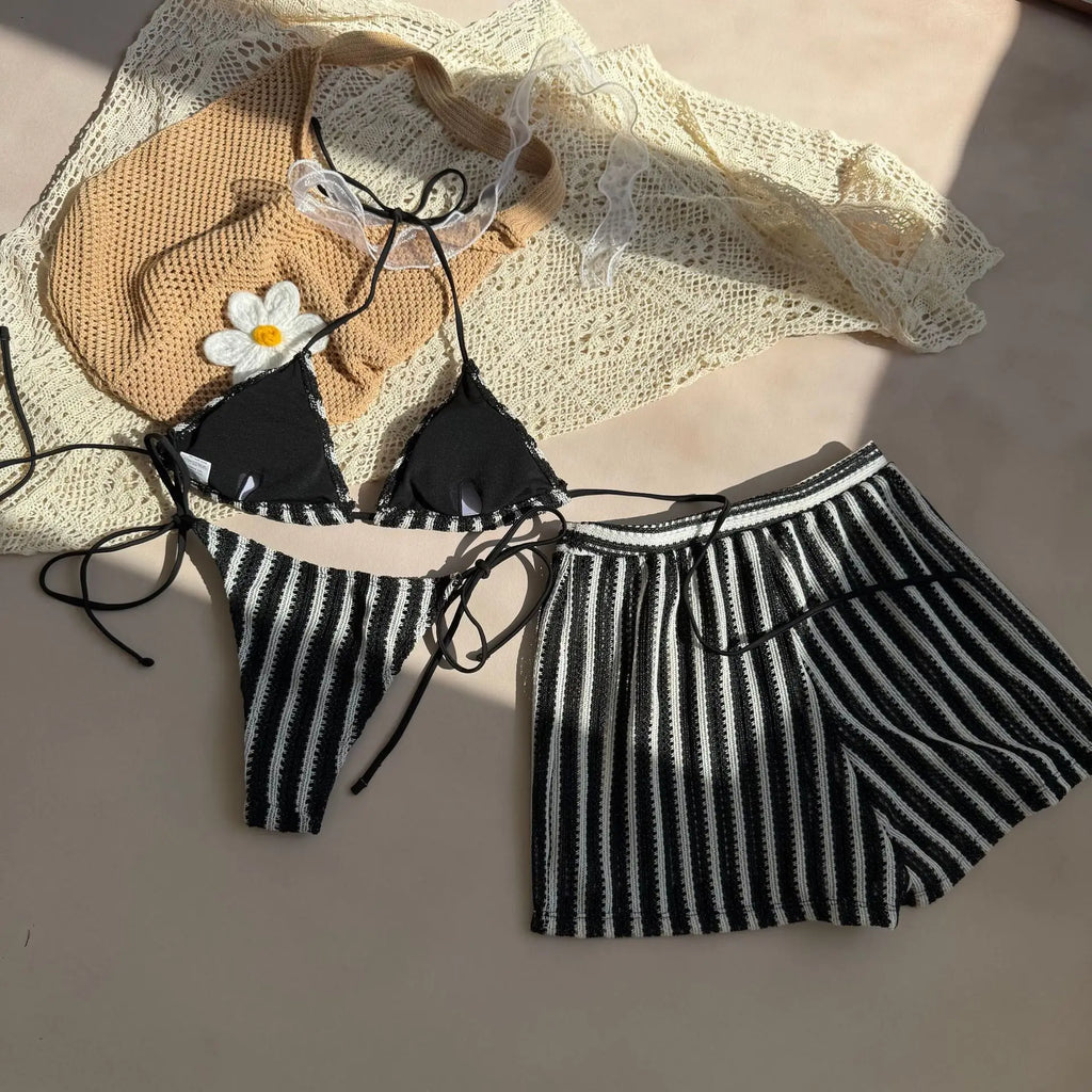 Women’s 2026 Striped 3‑Piece Bikini Set – Sexy Swimsuit with Skirt Beachwear