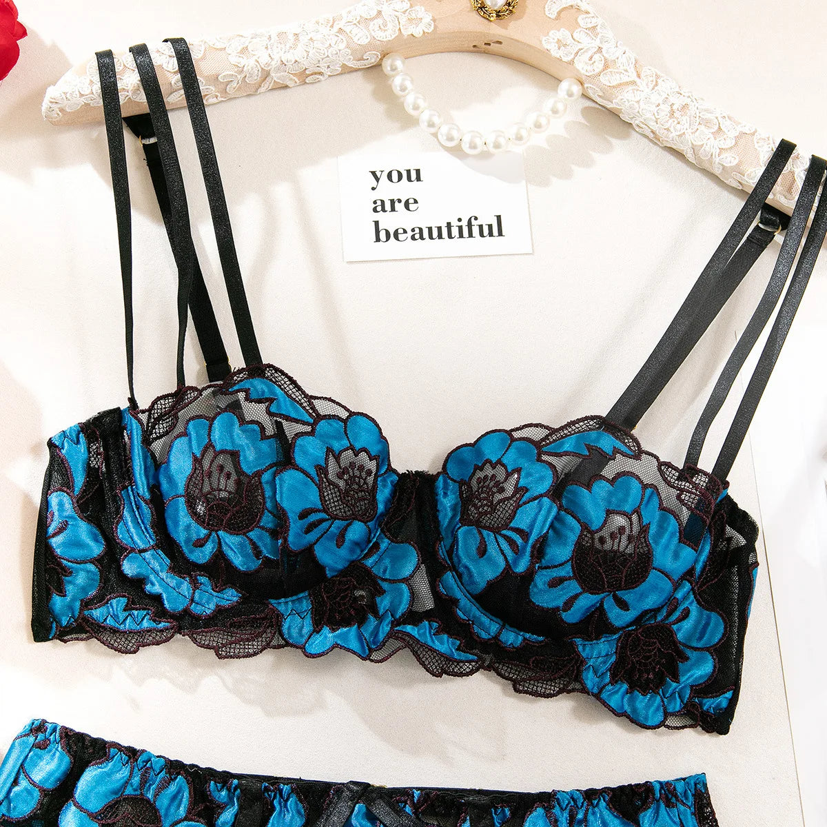 Diccvicc Floral Embroidery Mesh Lingerie Set
