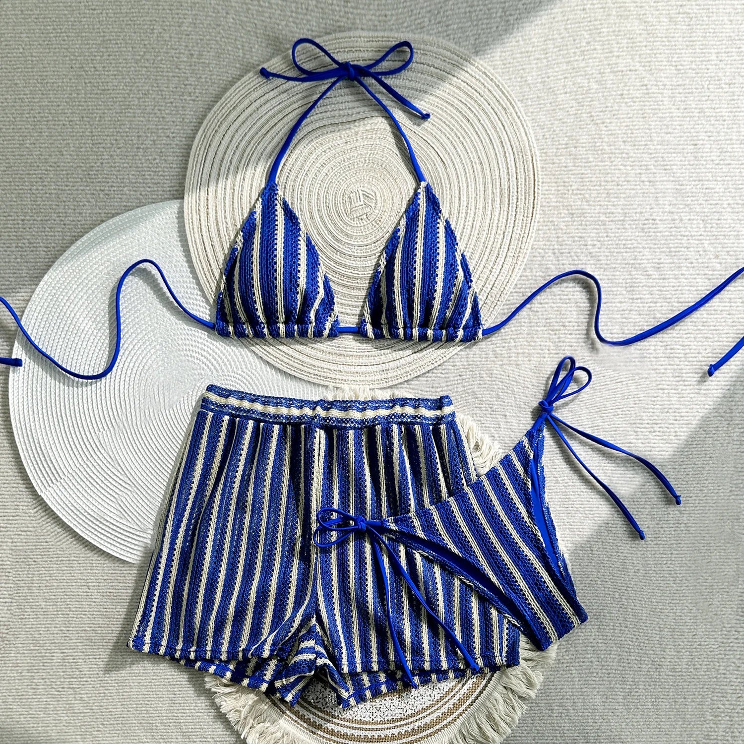 Striped 3‑Piece Bikini Set