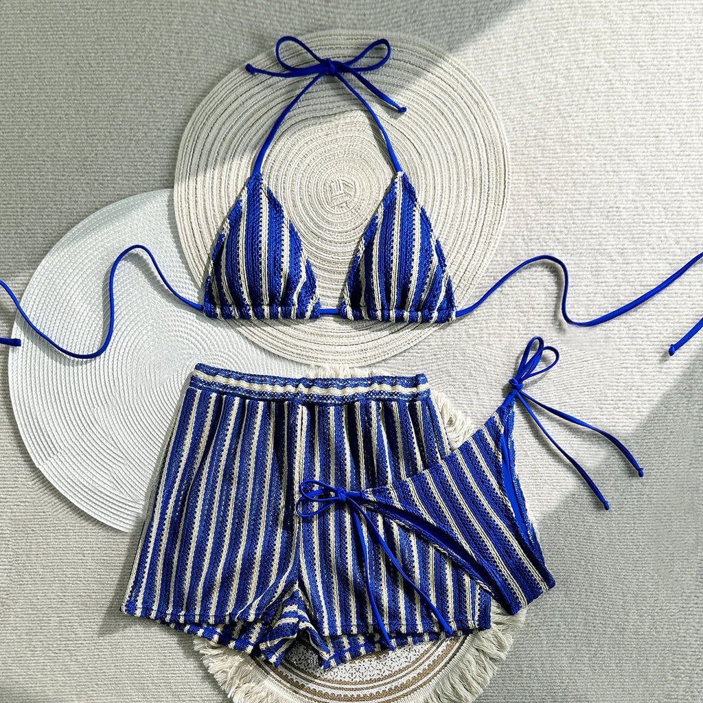 Women’s 2026 Striped 3‑Piece Bikini Set – Sexy Swimsuit with Skirt Beachwear