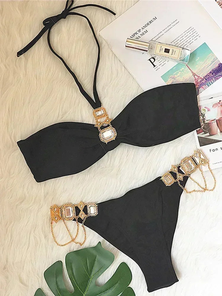 Women’s 2026 Rhinestone Diamond Bikini – Halter Chain Two‑Piece Swimsuit, Sexy Shiny Brazilian Swimwear