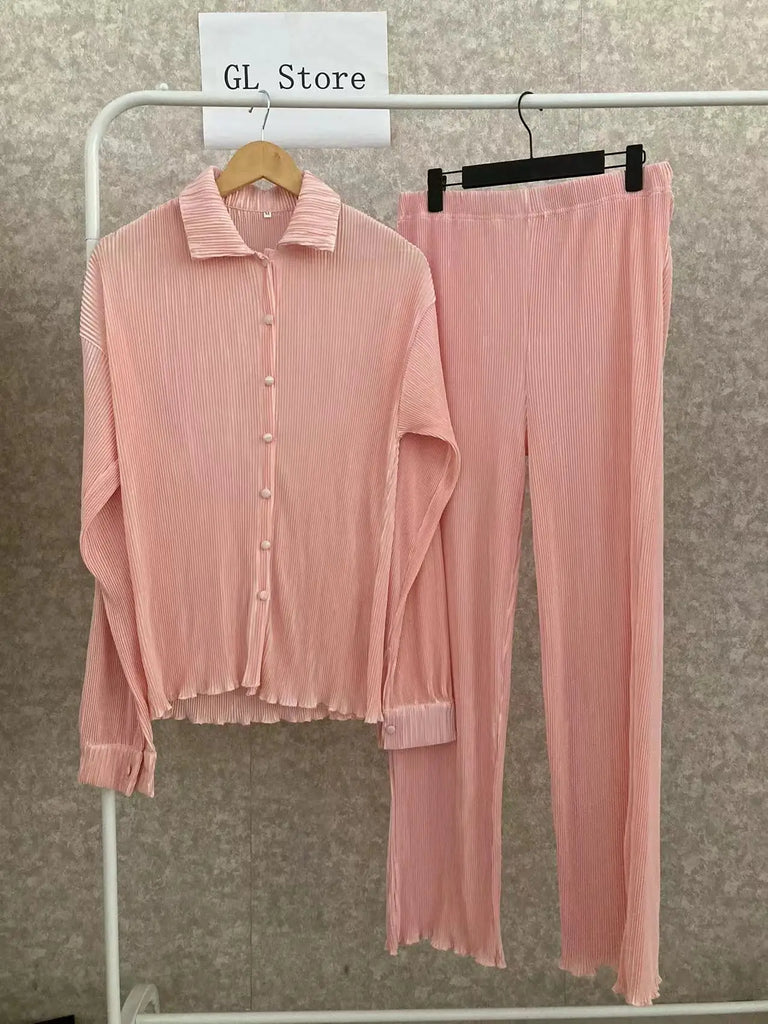CM.YAYA Street Women's Set Long Sleeve Shirt Tops and Wide Leg Pants Elegant Tracksuit Two Piece Set Sweatsuit Fitness Outfits