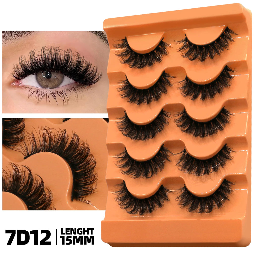 GROINNEYA Fluffy Lashes 5 Pairs D Curl 3D Mink False Eyelashes Thick Volume Russian Strip Lashes Mink Lashes Faux Natural Fake L