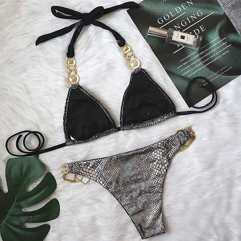 Women’s 2026 Rhinestone Diamond Bikini – Halter Chain Two‑Piece Swimsuit, Sexy Shiny Brazilian Swimwear