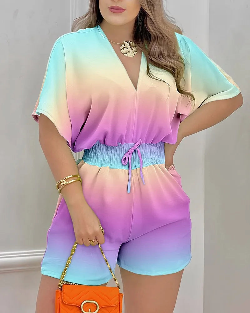 Jumpsuit Women Summer Women Loose Casual Printing Jumpsuit 2024Elegant Women Fashion V-neck Short Sleeve Waist Shorts Jumpsuit
