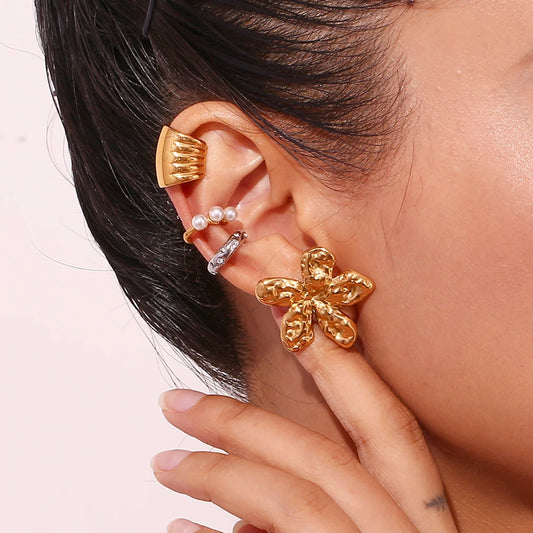 E.B.belle Hammered Five Petal Flower Stud Earrings Water Resistant 316L Stainless Steel Women's Earrings 18K Gold Plated Gift