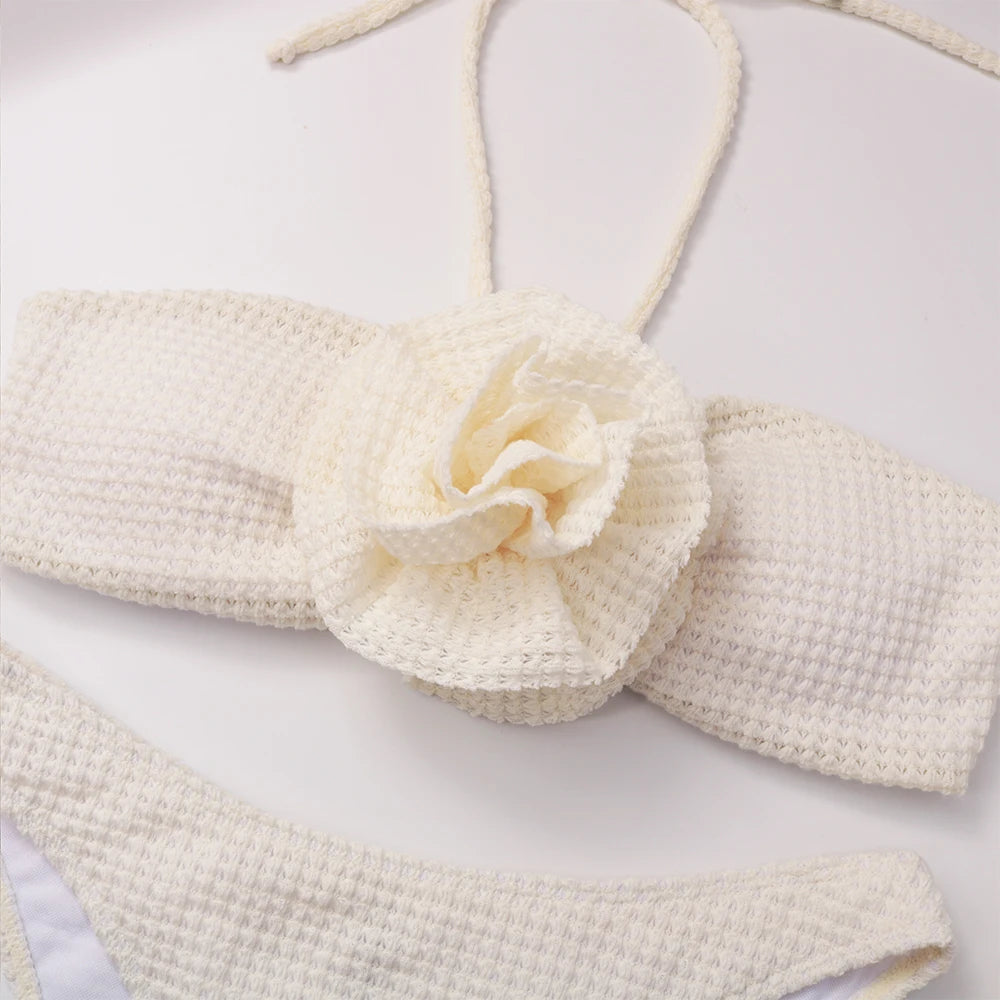 Women’s 2025 Floral 3‑Piece Bikini Set – Solid Bandage Swimsuit with Matching Cover‑Up