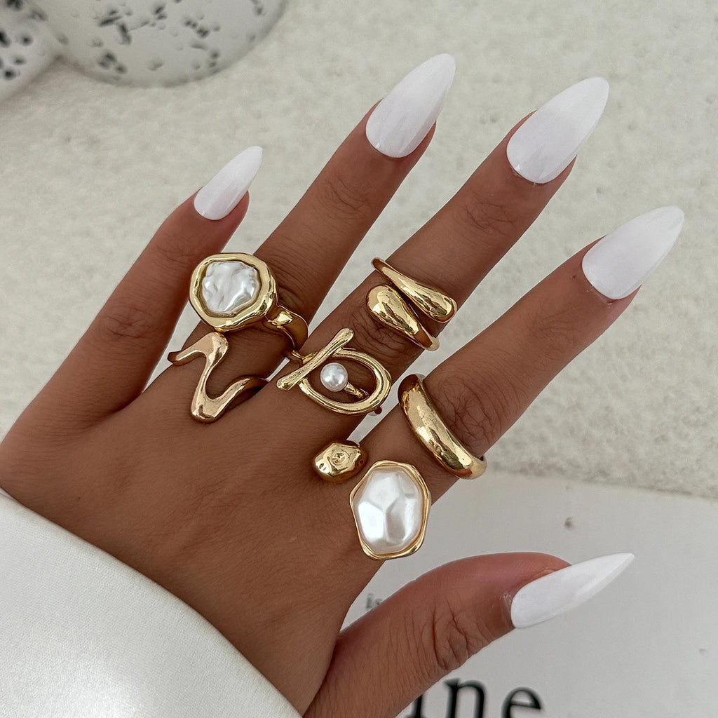 Ingemark 6‑Piece Boho Pearl & Metal Ring Set