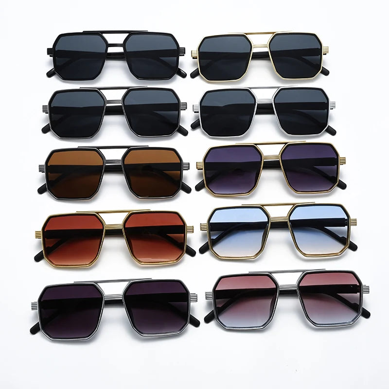 Car Sun Glasses New Fashion Double Beam Polygonal Sunglasses Retro Personalized Trendy Large Frame Eyewear European and American