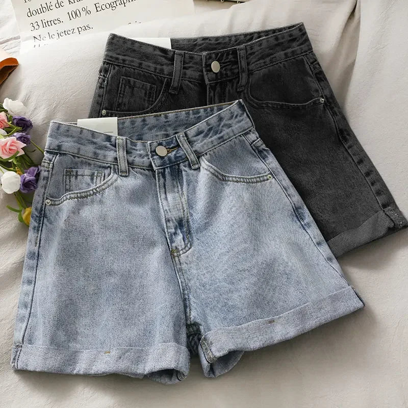 Women's Denim Trendy High-Waisted Slimming Loose-Fit Rolled Edge Korean Style A- Line Hot Pants Summer New Arrival