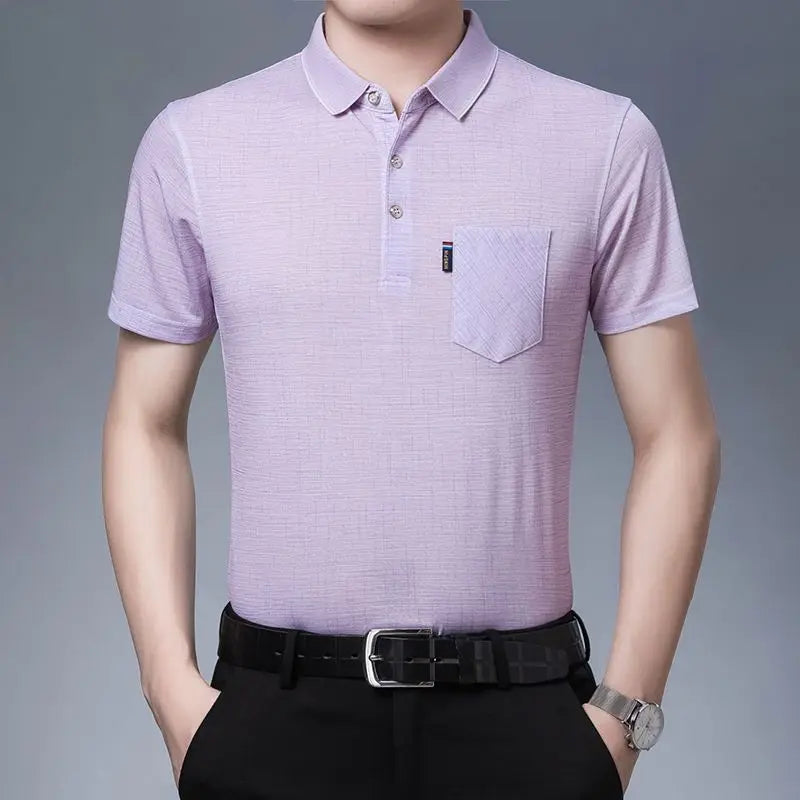 New Summer Men's Short Sleeved T-shirt Ice Silk Middle Aged Lapel Polo Shirt