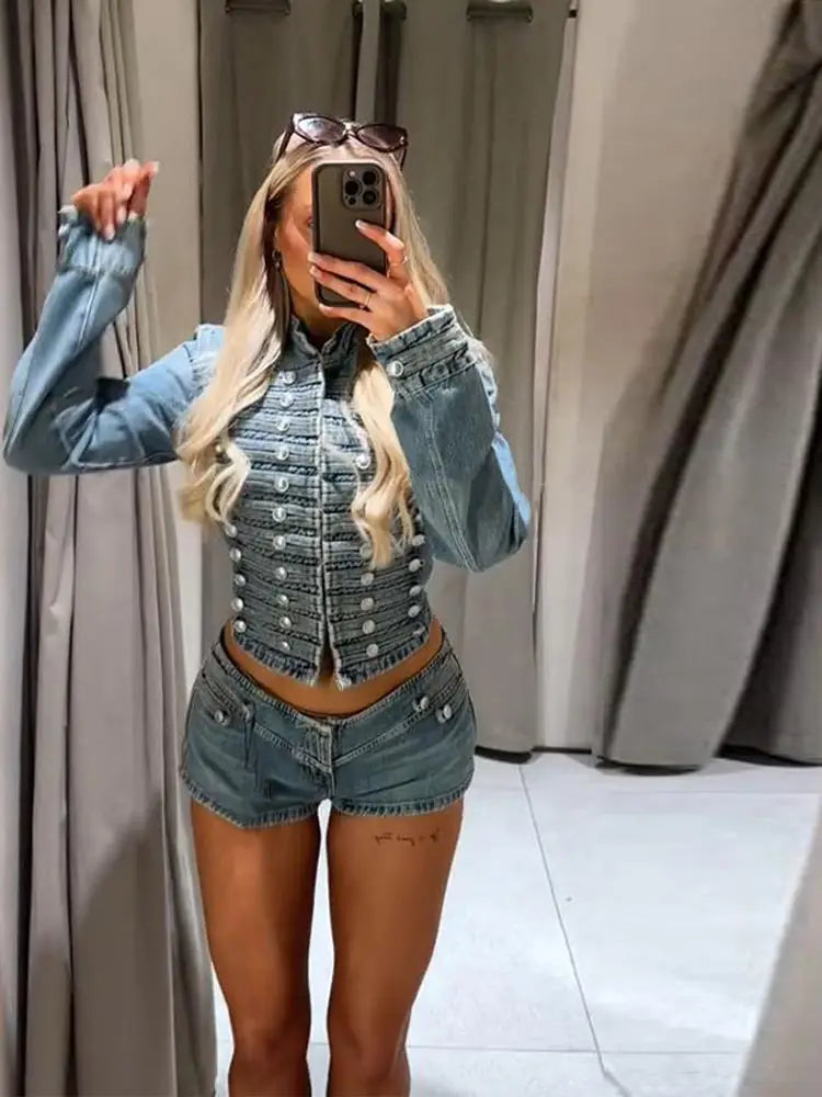 Chic Stand‑Collar Denim Coat & Shorts Suit