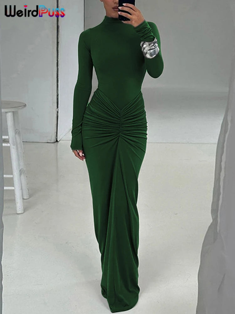 Women’s Ruched Long‑Sleeve Bodycon Dress – O‑Neck Slim Fit Hipster Pleated Autumn Classic