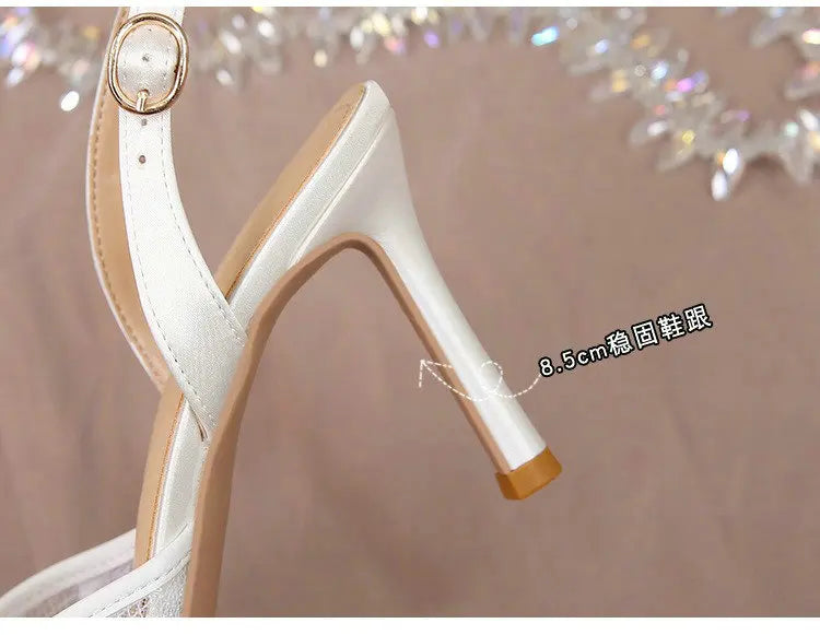 2025 White Wedding Shoes Bridesmaid Shoes Women's Lace Shoes Fashion High Heels Pearl Pumps