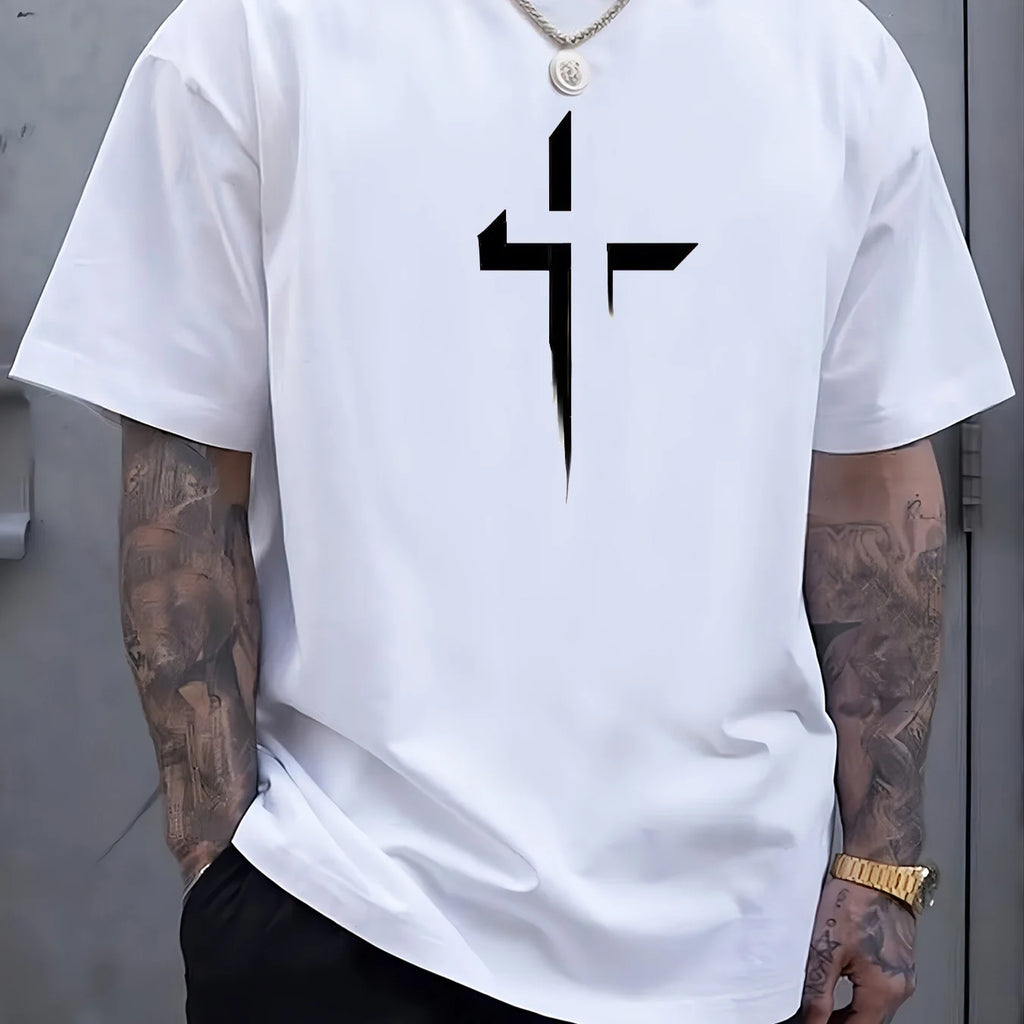 Men’s 100% Cotton Cross‑Print T‑Shirt – Loose Plus‑Size Summer Sports Tee | Comfortable Round‑Neck Casual Top