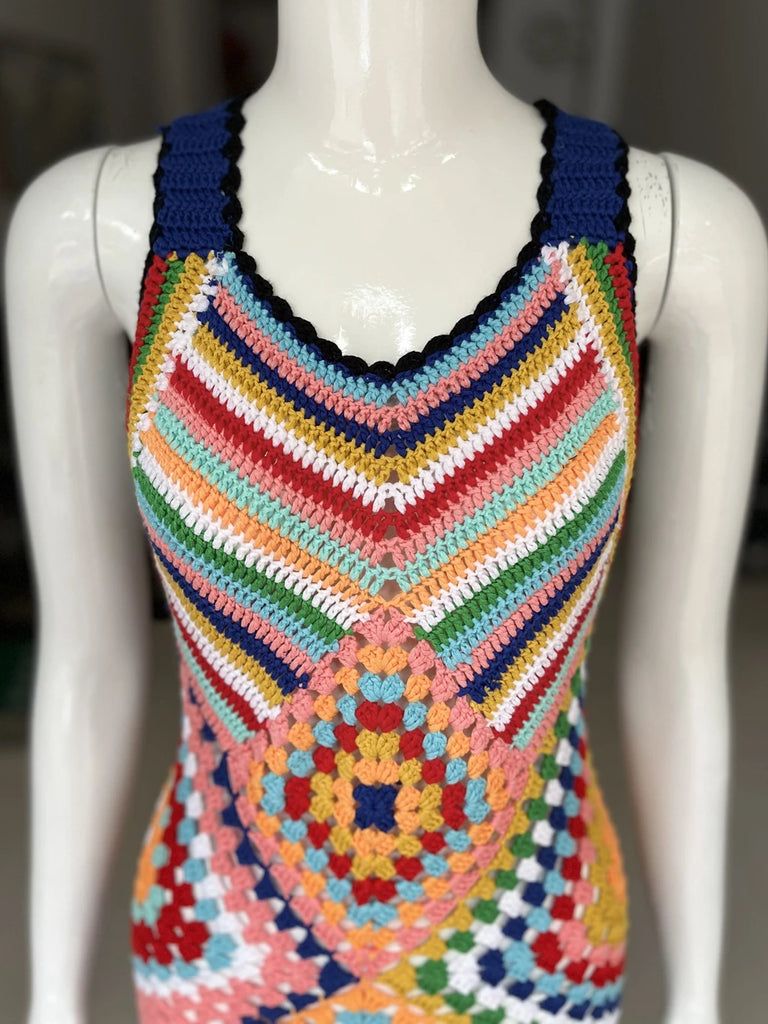 Women’s Summer Boho Handmade Crochet Maxi Dress — Colorful Racerback Knit Long Cover‑Up for Vacation & Beachwear