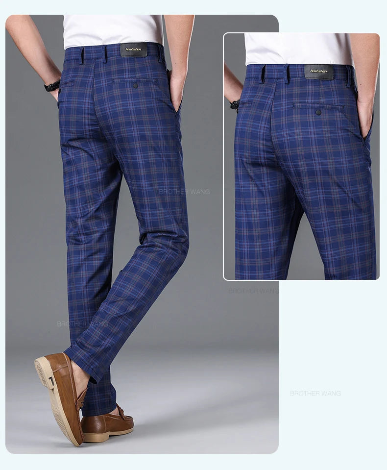 Slim‑Fit Plaid Cotton Pants