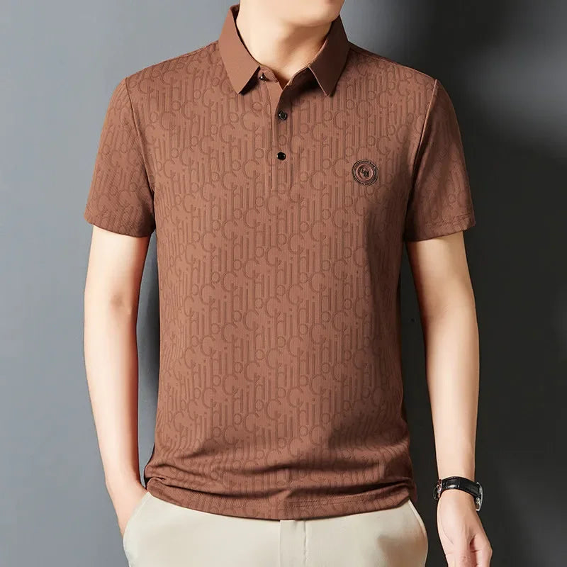 New Men's Business Casual Short Sleeved Shirt with Badge Solid Color Polo Shirt Fashionable Breathable Comfortable Versatile Top