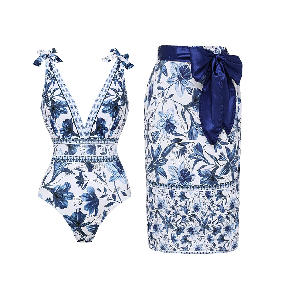 FLAXMAKER Lace‑Up V‑Neck Ruffle Monokini & Sarong