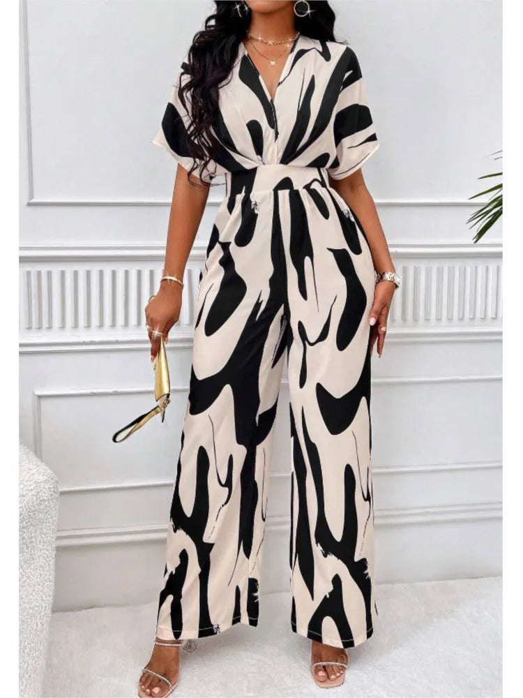 2024 Women Autumn Fashion Leopard Print Sexy V-neck Casual Horn Sleeve Elastic Waist Loose Comfortable Jumpsuit Jumpsuit Women