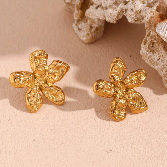 E.B.belle Hammered Five Petal Flower Stud Earrings Water Resistant 316L Stainless Steel Women's Earrings 18K Gold Plated Gift