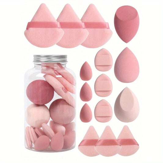 15pcs Makeup Sponge Set with Storage Jar – Powder Puff, Mini Finger Puff & Triangle Air Cushion Blenders