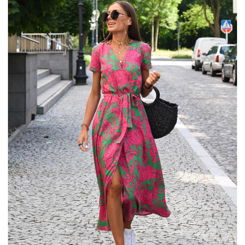 Summer Polka Dot Split Hem Long Dress Women 2023 New Fashion V Neck Print Sundress Vestidos Short Sleeved Waisted Lace-up Dress