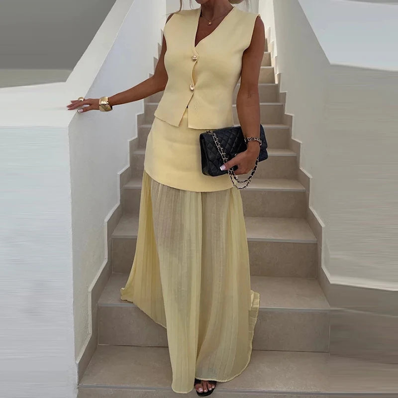 Women’s Elegant Patchwork Knitted Two‑Piece Dress Set